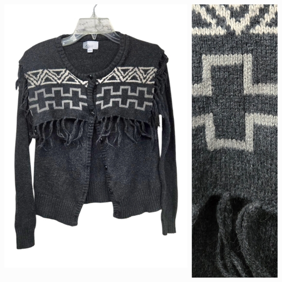 Volcom Wolf Clan Button Cardigan Sweater Women's Boho Fringe Charcoal Tribal XS - Picture 1 of 13